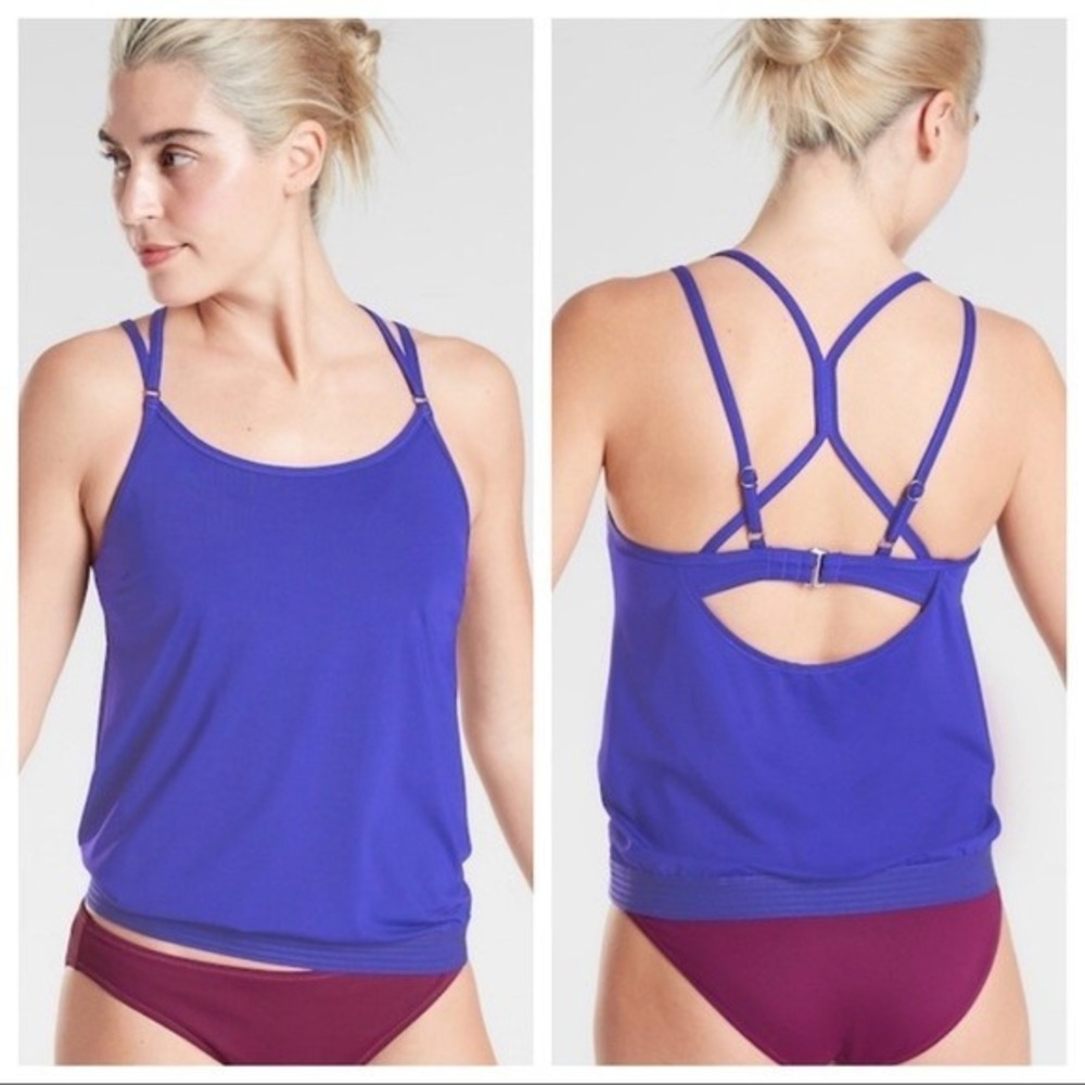 Athleta Cross Back Swim Tank Women 32D/DD Yacht Blue Stretch UPF Wicking NWT $74